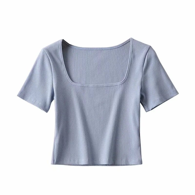 Slim Fit Stretch Bottoming Women Casual Basic T-shirts Plain Blank Ribbed Cotton Sexy Low Square Neck Crop Top T Shirt Ladies