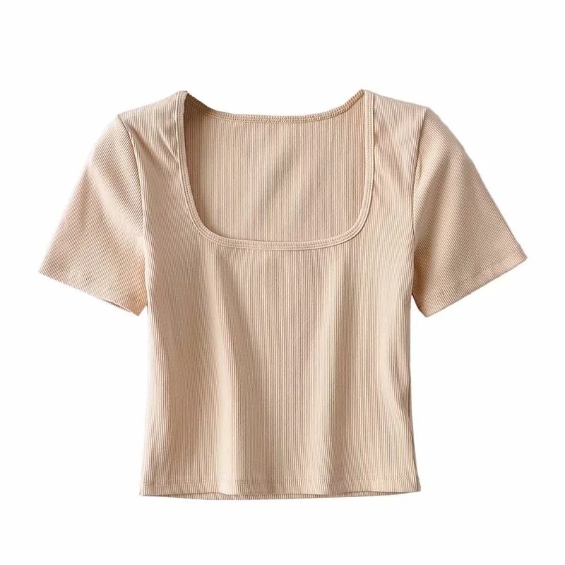 Slim Fit Stretch Bottoming Women Casual Basic T-shirts Plain Blank Ribbed Cotton Sexy Low Square Neck Crop Top T Shirt Ladies
