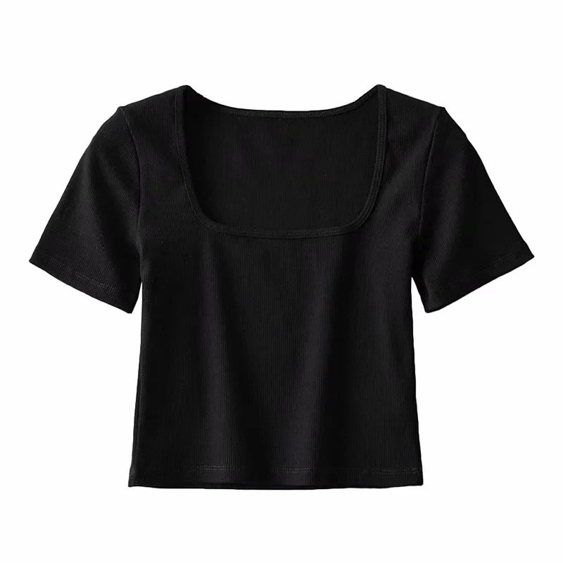 Slim Fit Stretch Bottoming Women Casual Basic T-shirts Plain Blank Ribbed Cotton Sexy Low Square Neck Crop Top T Shirt Ladies