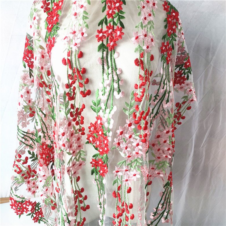 Factory Supplier Embroidery fabric sample machine embroidered floral bright flowers tulle lace fabrics with sequin and beads