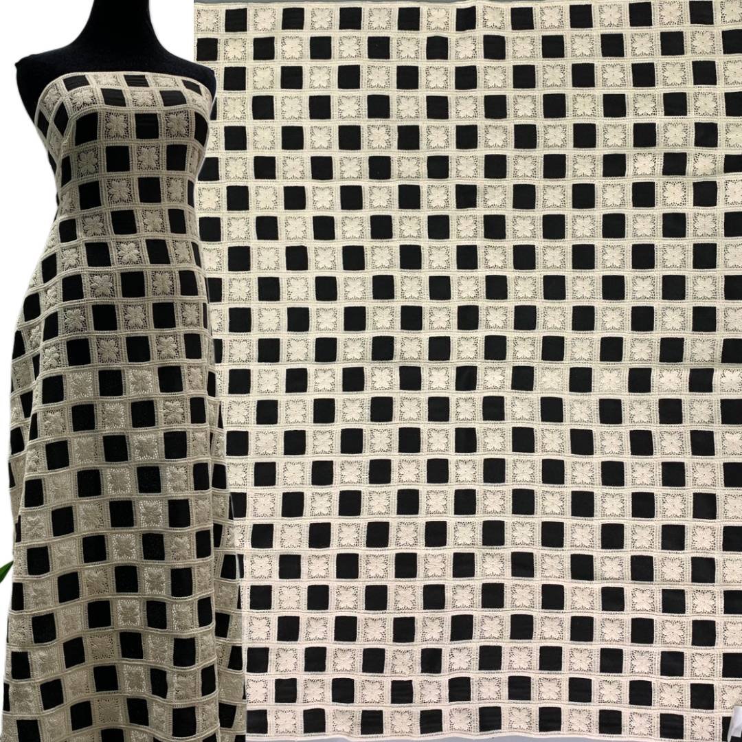 Factory Direct Luxury Design Black/Ivory Geometric Guipure Cord Lace Fabric for Dress SS2301113-EMB14