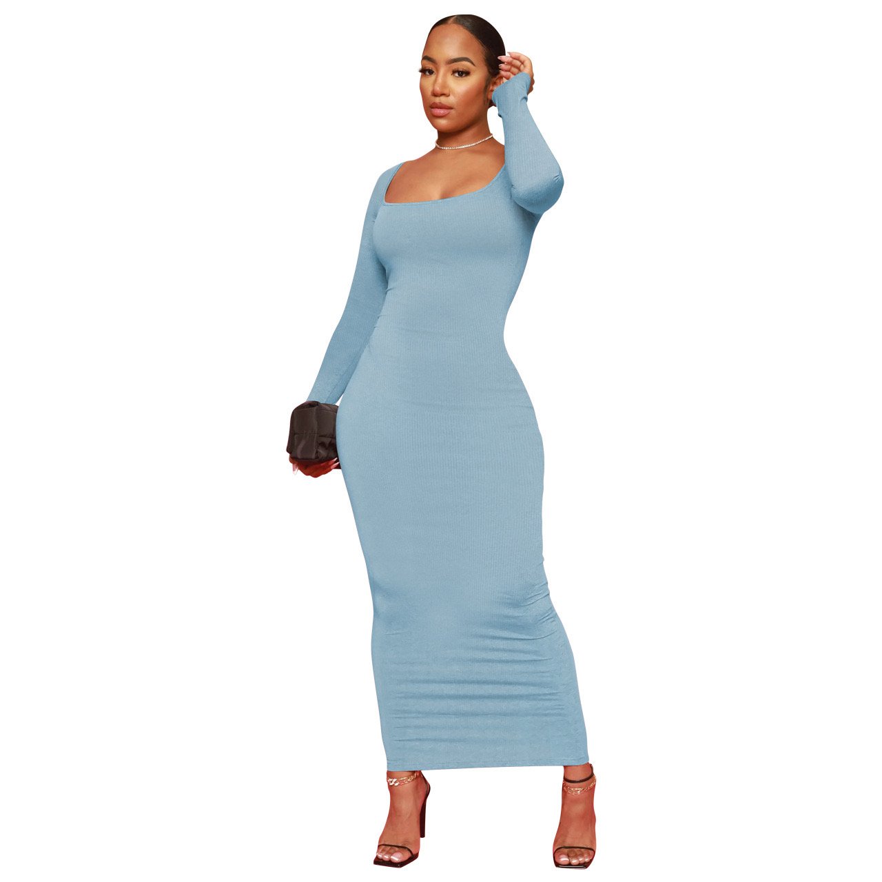 Wholesale Spring Fall women's clothing Elegant party rib knit casual A-line slim knit Women Maxi Bodycon Dress