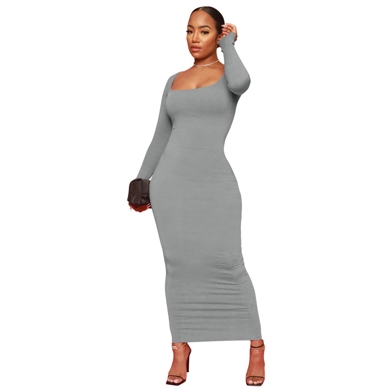 Wholesale Spring Fall women's clothing Elegant party rib knit casual A-line slim knit Women Maxi Bodycon Dress