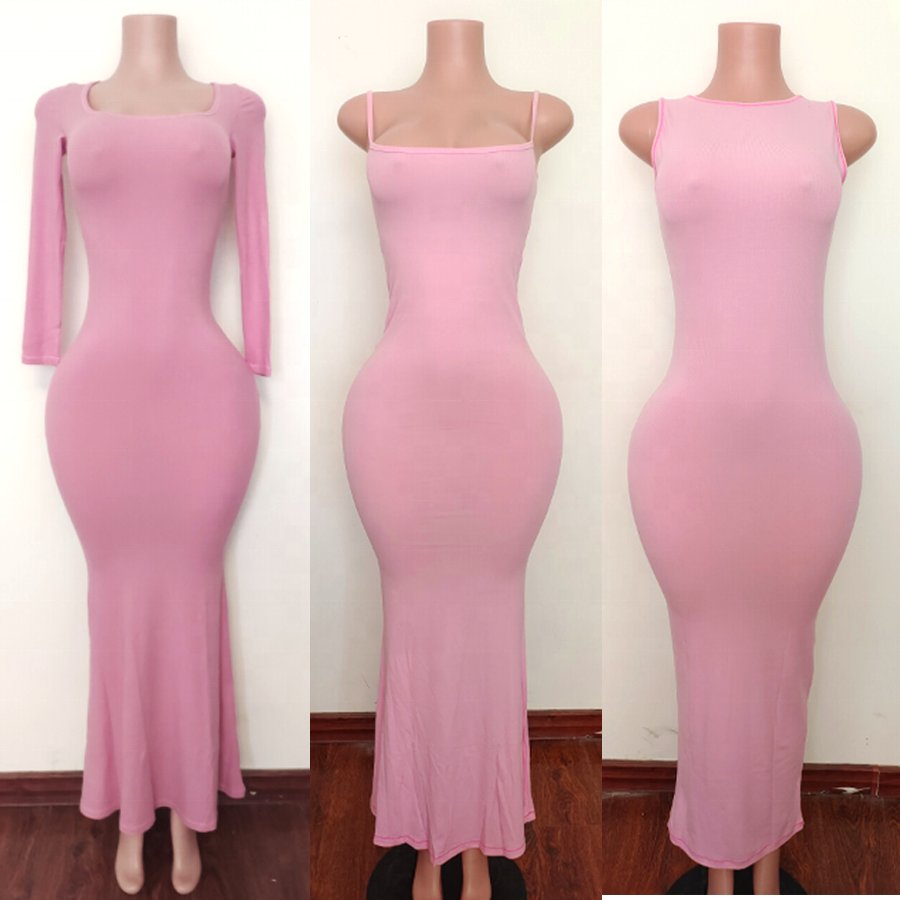 Custom Dress For Women Modal Cotton Ribbed Casual Dress Soft Lounge Square Neck Long Sleeve Bodycon Long Maxi Women's Dress
