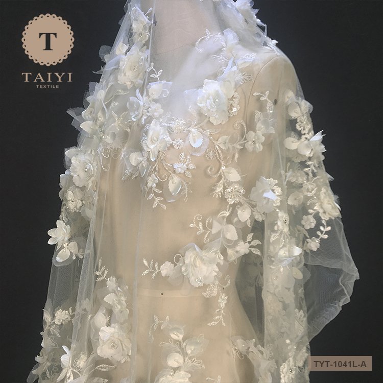 Luxury embroidery bridal lace fabric heavy handmade beads lace french tulle mesh lace fabrics for wedding