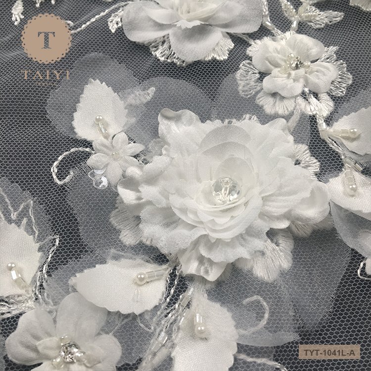 Luxury embroidery bridal lace fabric heavy handmade beads lace french tulle mesh lace fabrics for wedding