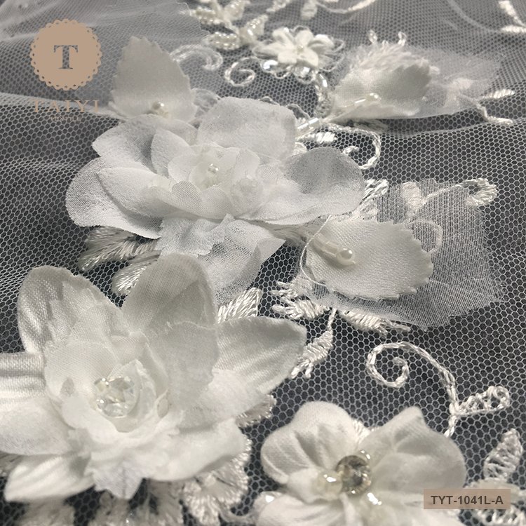 Luxury embroidery bridal lace fabric heavy handmade beads lace french tulle mesh lace fabrics for wedding