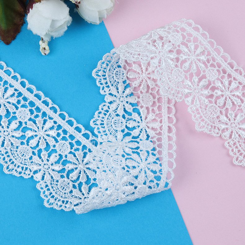 Yiwu factory embroidery white milk silk yards chemical embroidery lace fabric border lace trim fabric