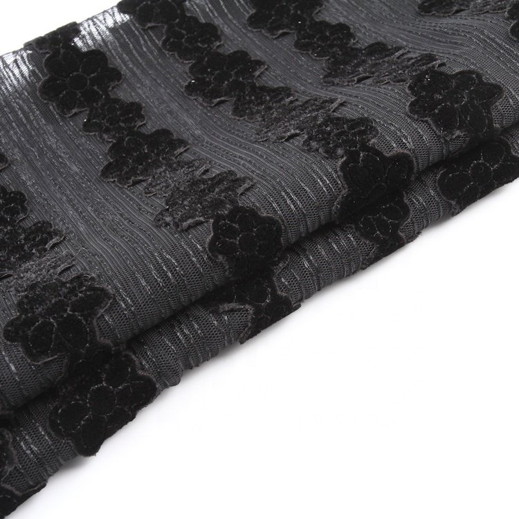 Custom mesh velvet embroidery fabric flocked 3d mesh flower embroidered lace fabric for dress