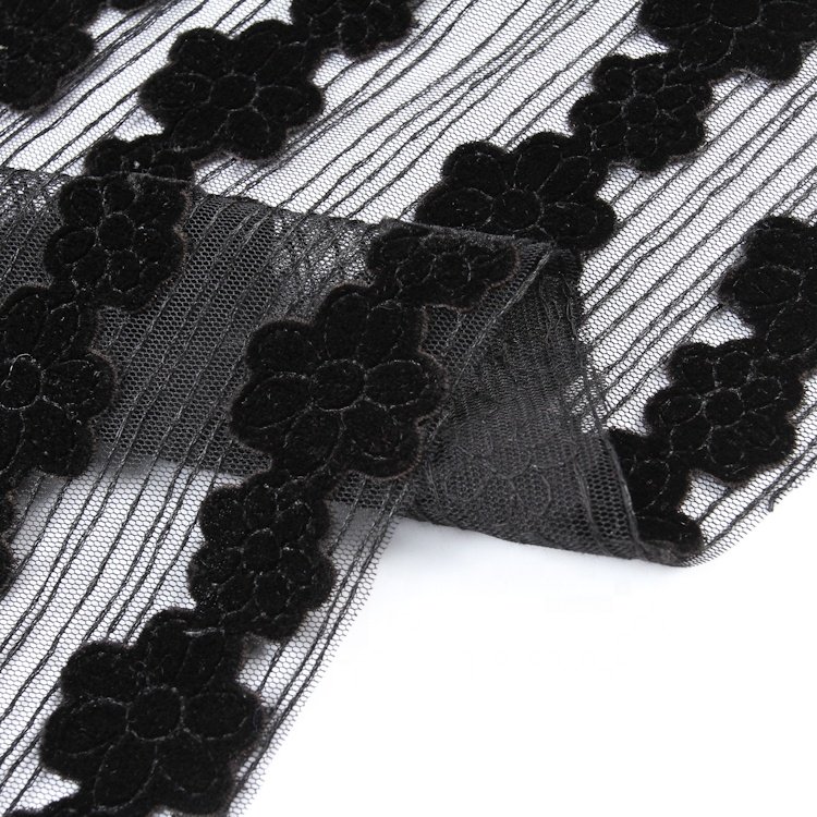 Custom mesh velvet embroidery fabric flocked 3d mesh flower embroidered lace fabric for dress