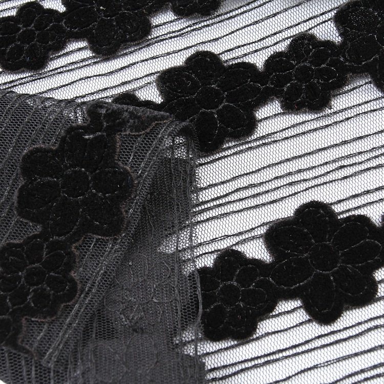 Custom mesh velvet embroidery fabric flocked 3d mesh flower embroidered lace fabric for dress