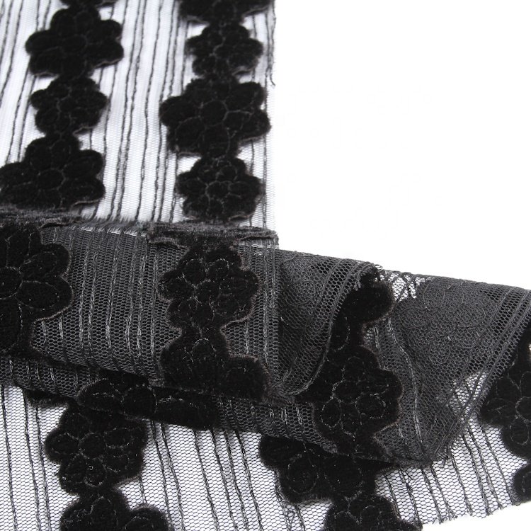 Custom mesh velvet embroidery fabric flocked 3d mesh flower embroidered lace fabric for dress
