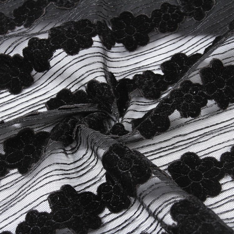 Custom mesh velvet embroidery fabric flocked 3d mesh flower embroidered lace fabric for dress