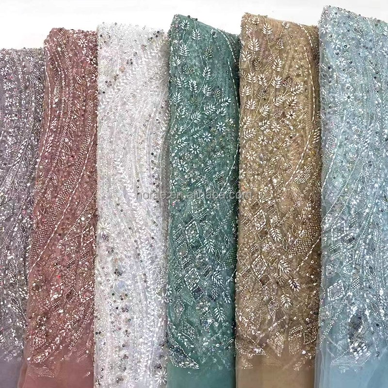 SF013 Wholesale Price OEM 3D Heavy Beaded Wedding Fabric Sparkling Silver Sequin Lace Tulle Mesh Fabrics