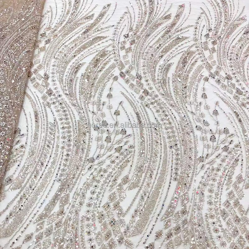 SF013 Wholesale Price OEM 3D Heavy Beaded Wedding Fabric Sparkling Silver Sequin Lace Tulle Mesh Fabrics