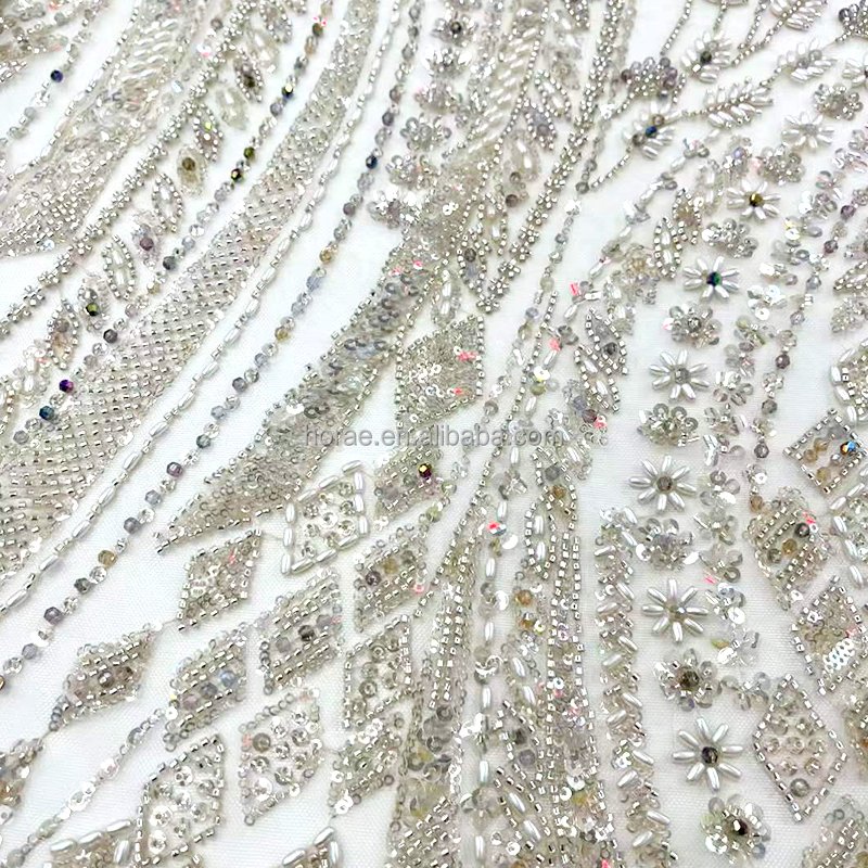 SF013 Wholesale Price OEM 3D Heavy Beaded Wedding Fabric Sparkling Silver Sequin Lace Tulle Mesh Fabrics