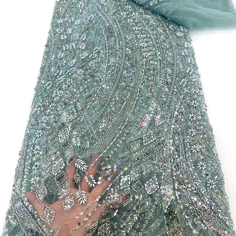 SF013 Wholesale Price OEM 3D Heavy Beaded Wedding Fabric Sparkling Silver Sequin Lace Tulle Mesh Fabrics