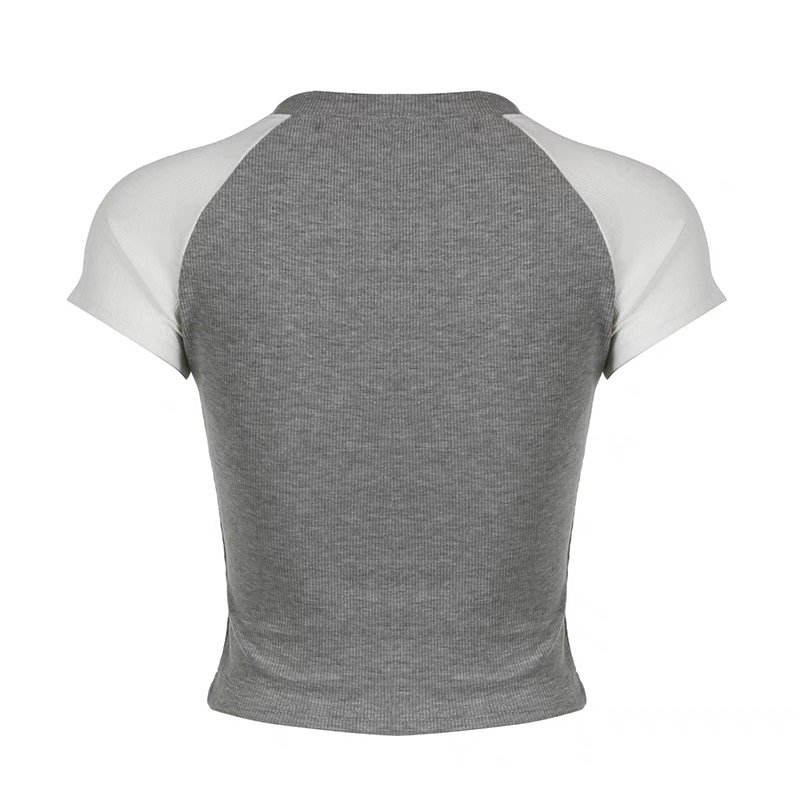 custom letter print design female baby girls t shirt knit ribbed grey white two tone raglan sleeve crop tops for women 2024