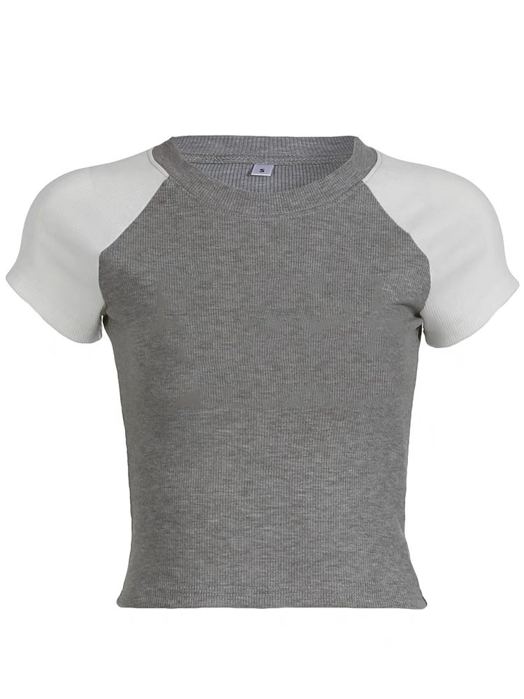 custom letter print design female baby girls t shirt knit ribbed grey white two tone raglan sleeve crop tops for women 2024