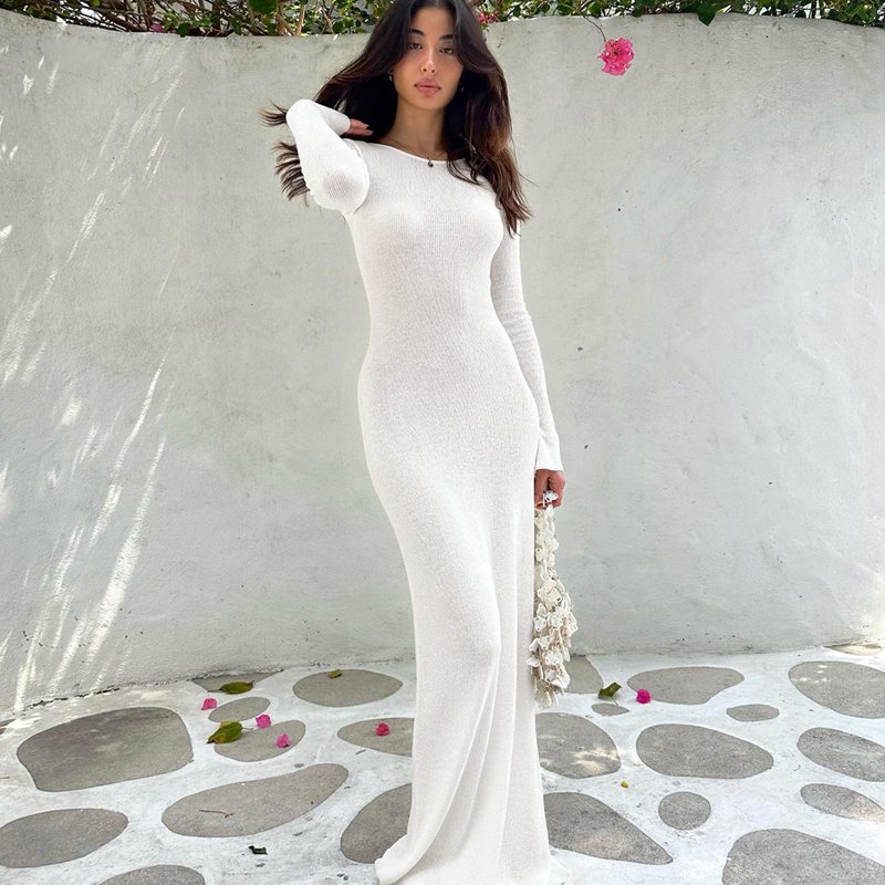 Lygens 2929 Knitting Rib Long Sleeve O Neck Backless Lace Up Ladies Elegant Women'S Dresses Autumn Evening Prom Women Clothes