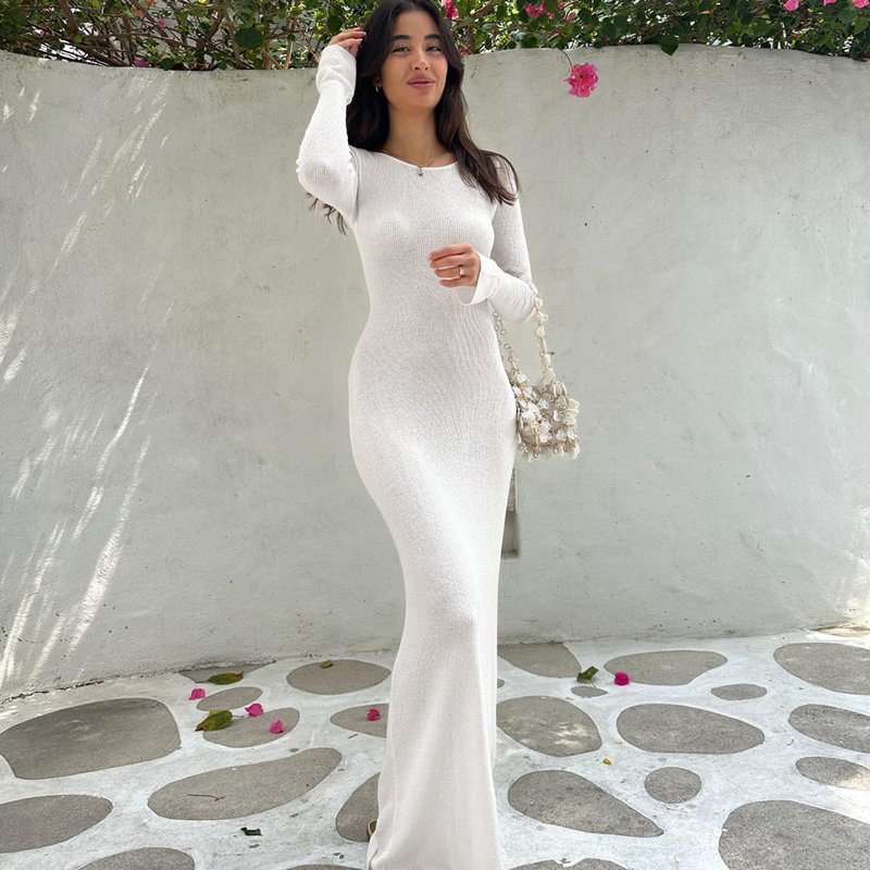 Lygens 2929 Knitting Rib Long Sleeve O Neck Backless Lace Up Ladies Elegant Women'S Dresses Autumn Evening Prom Women Clothes