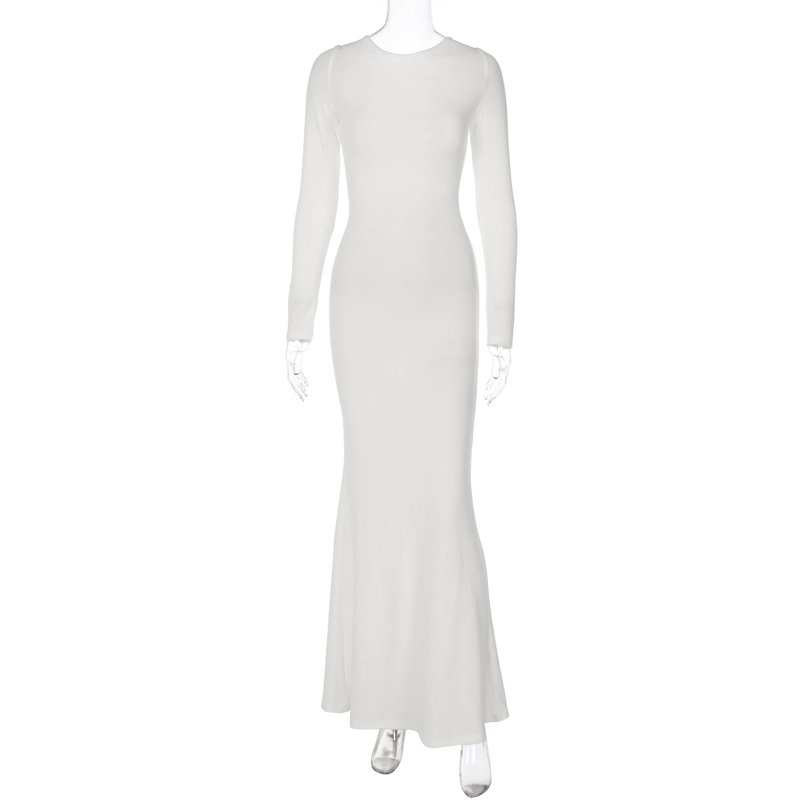 Lygens 2929 Knitting Rib Long Sleeve O Neck Backless Lace Up Ladies Elegant Women'S Dresses Autumn Evening Prom Women Clothes