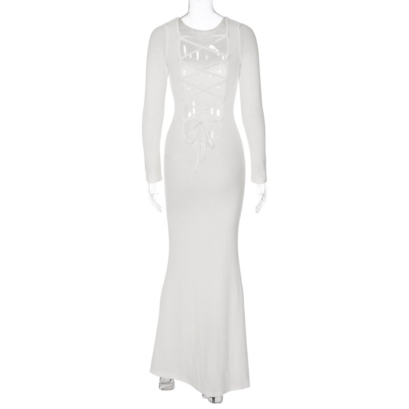 Lygens 2929 Knitting Rib Long Sleeve O Neck Backless Lace Up Ladies Elegant Women'S Dresses Autumn Evening Prom Women Clothes