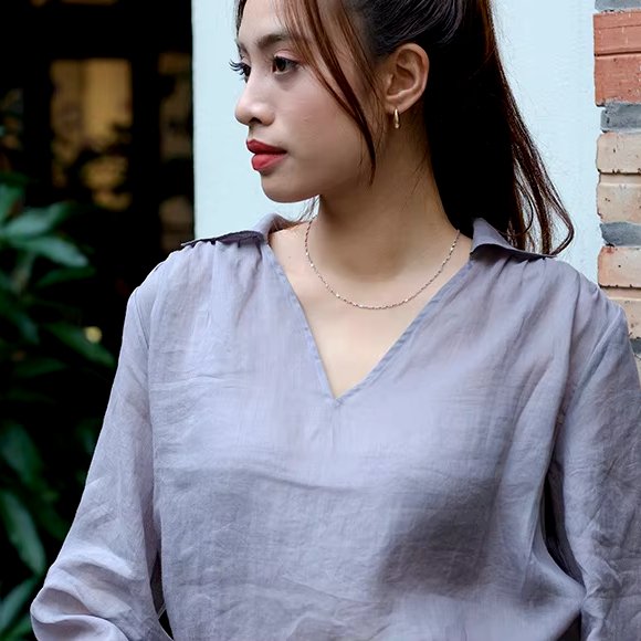 Ramie fabric women's blouses with exquisite pleated details at the shoulder