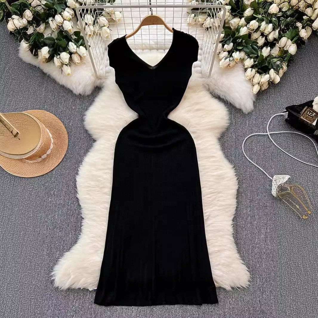 2024 Newest Women Knitted Bodycon Sweater Dress Summer Female Short Sleeve Knitwear Pullover Knee Length Party Dresses