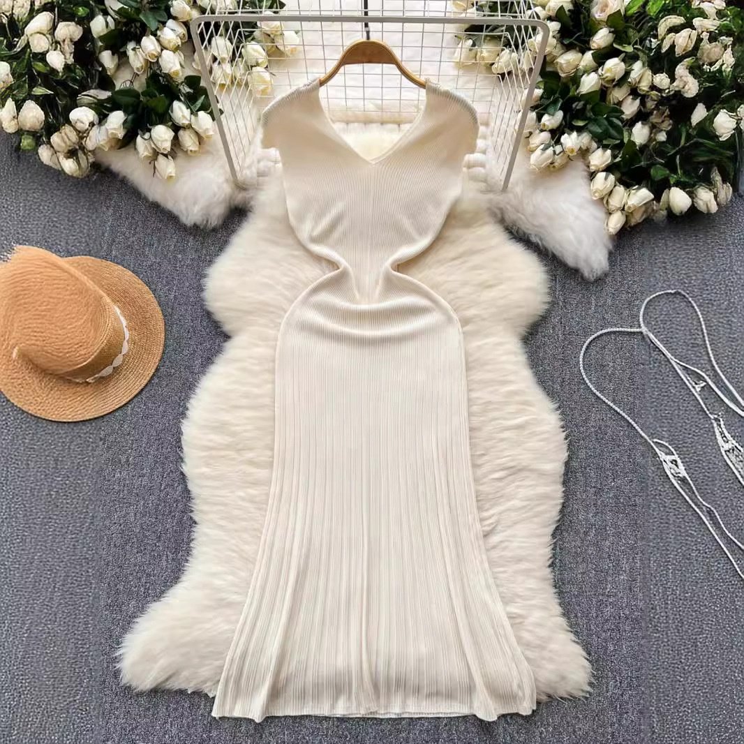2024 Newest Women Knitted Bodycon Sweater Dress Summer Female Short Sleeve Knitwear Pullover Knee Length Party Dresses