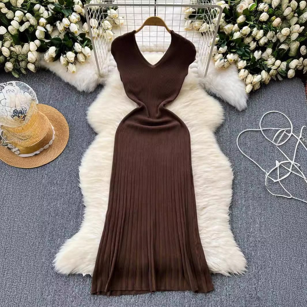 2024 Newest Women Knitted Bodycon Sweater Dress Summer Female Short Sleeve Knitwear Pullover Knee Length Party Dresses