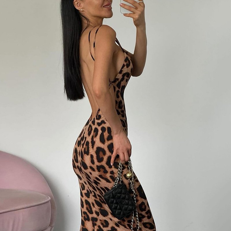 Peeqi K24D51574 fashion 2024 new summer streetwear leopard sleeveless backless halter slim dress sexy maxi dress women lady