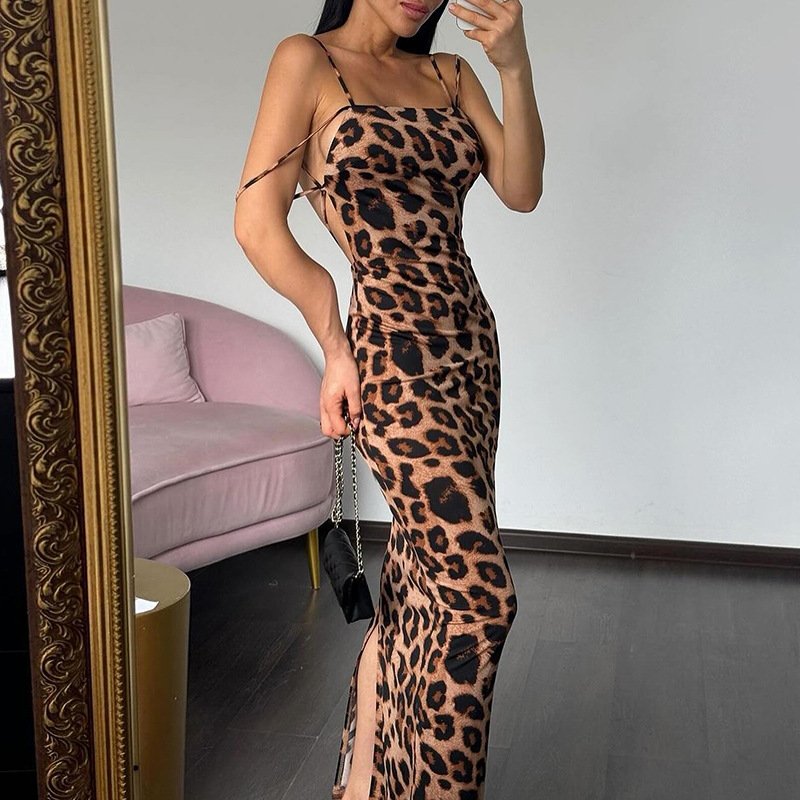 Peeqi K24D51574 fashion 2024 new summer streetwear leopard sleeveless backless halter slim dress sexy maxi dress women lady