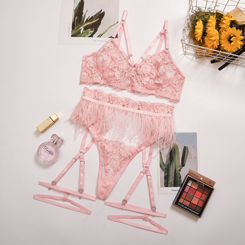 Luxury Feather Lingerie Sets For Women Luxury G-String Lace Underwear Set Sexy Bra and Panty Set With Embroidery Garter Intim