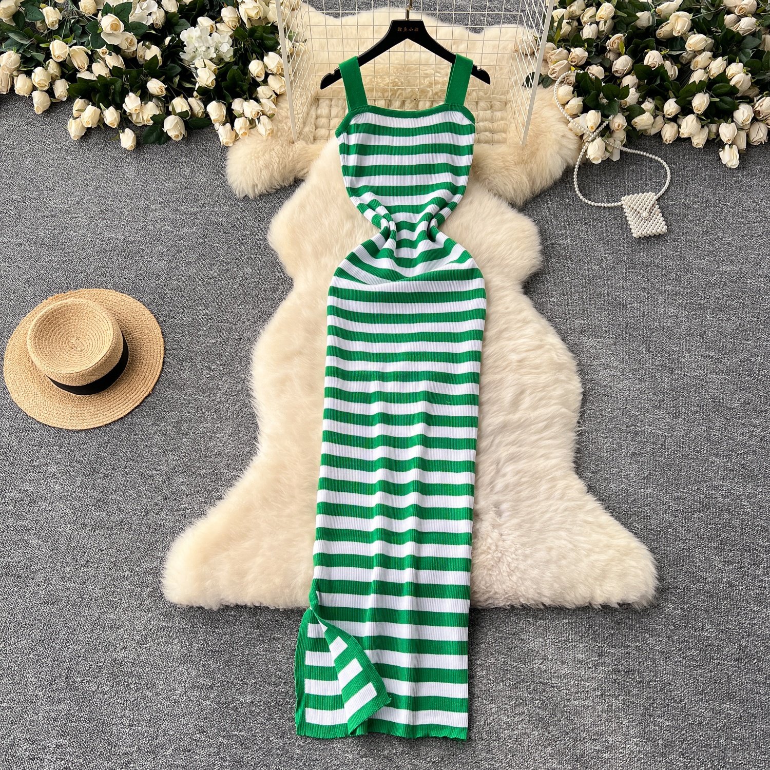 summer Hot Sale Women's Striped Knit Bodycon Midi Dress Square Neck Slit Sweater Dresses
