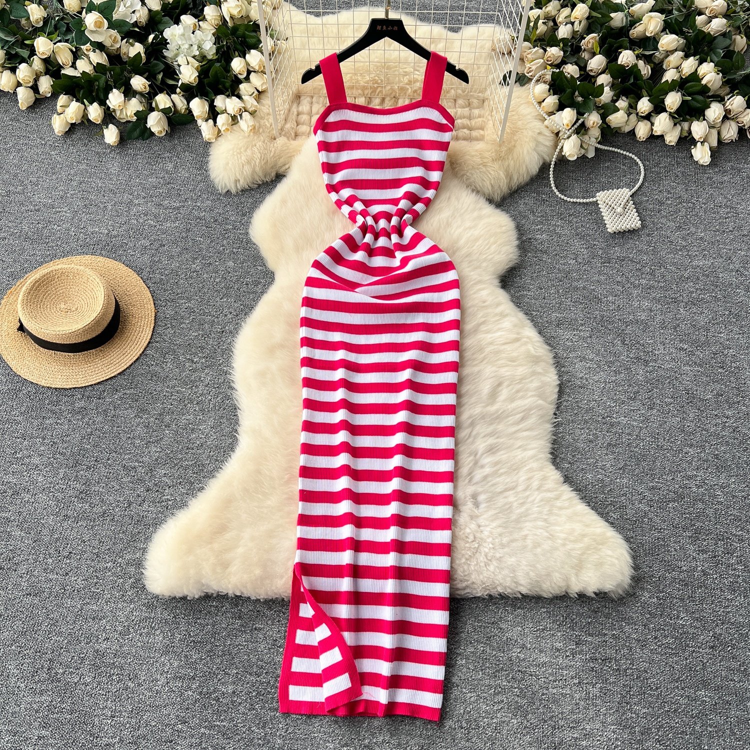 summer Hot Sale Women's Striped Knit Bodycon Midi Dress Square Neck Slit Sweater Dresses