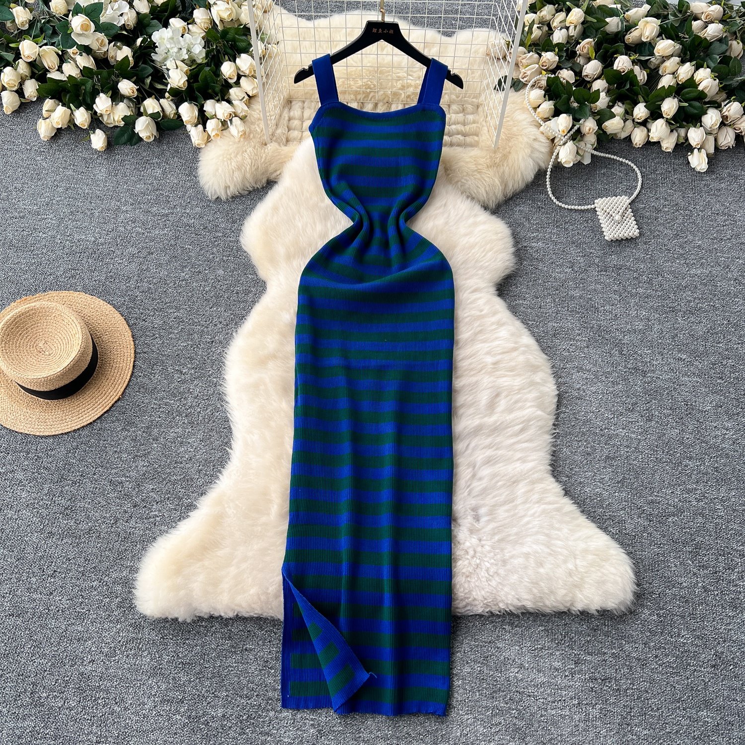summer Hot Sale Women's Striped Knit Bodycon Midi Dress Square Neck Slit Sweater Dresses