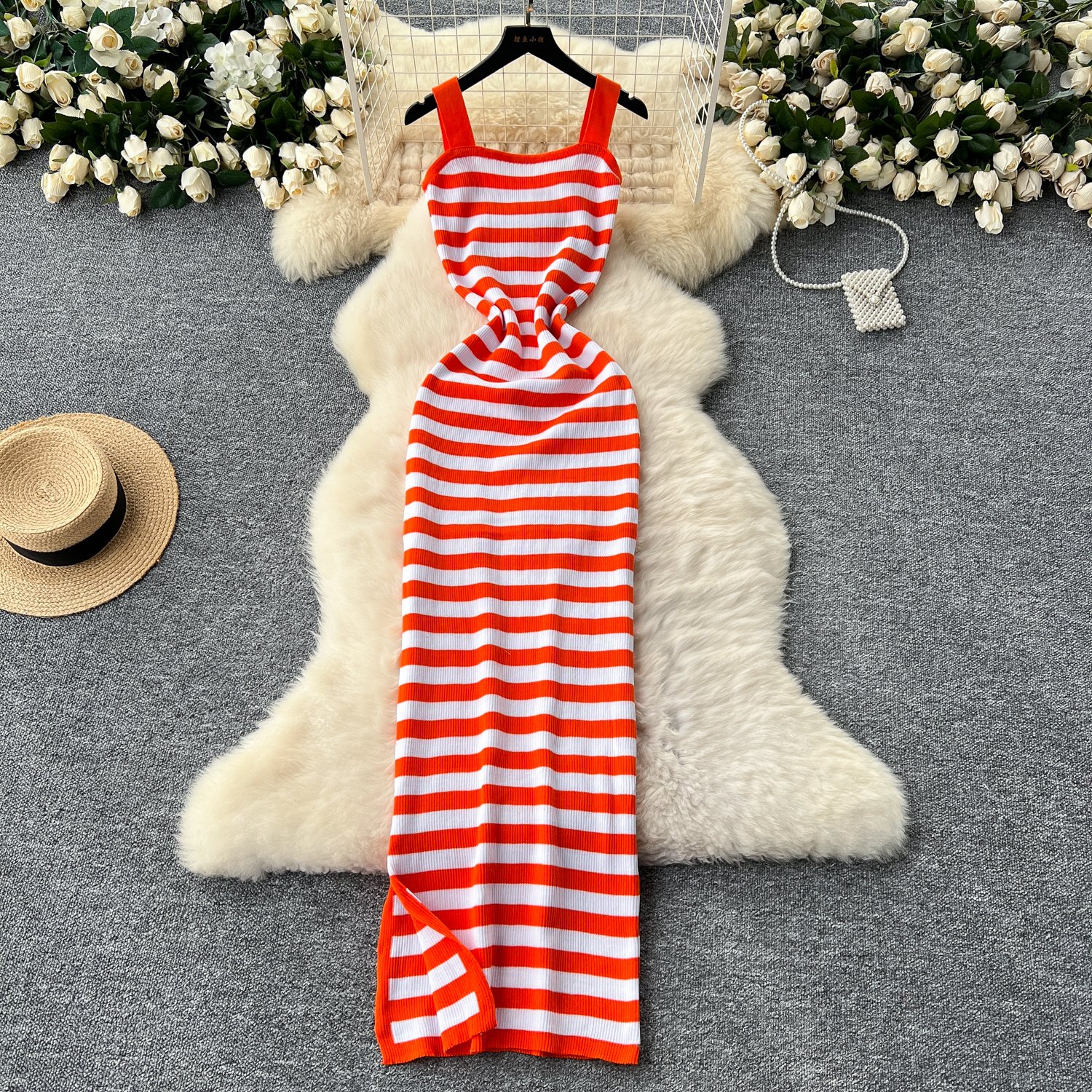 summer Hot Sale Women's Striped Knit Bodycon Midi Dress Square Neck Slit Sweater Dresses