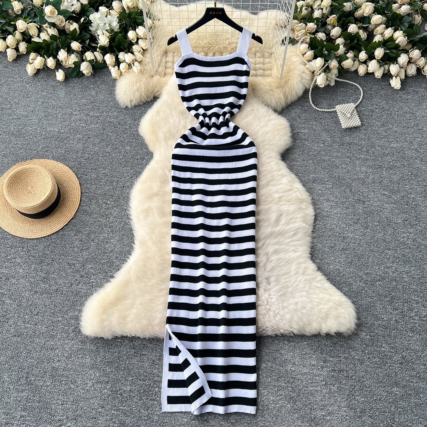 summer Hot Sale Women's Striped Knit Bodycon Midi Dress Square Neck Slit Sweater Dresses