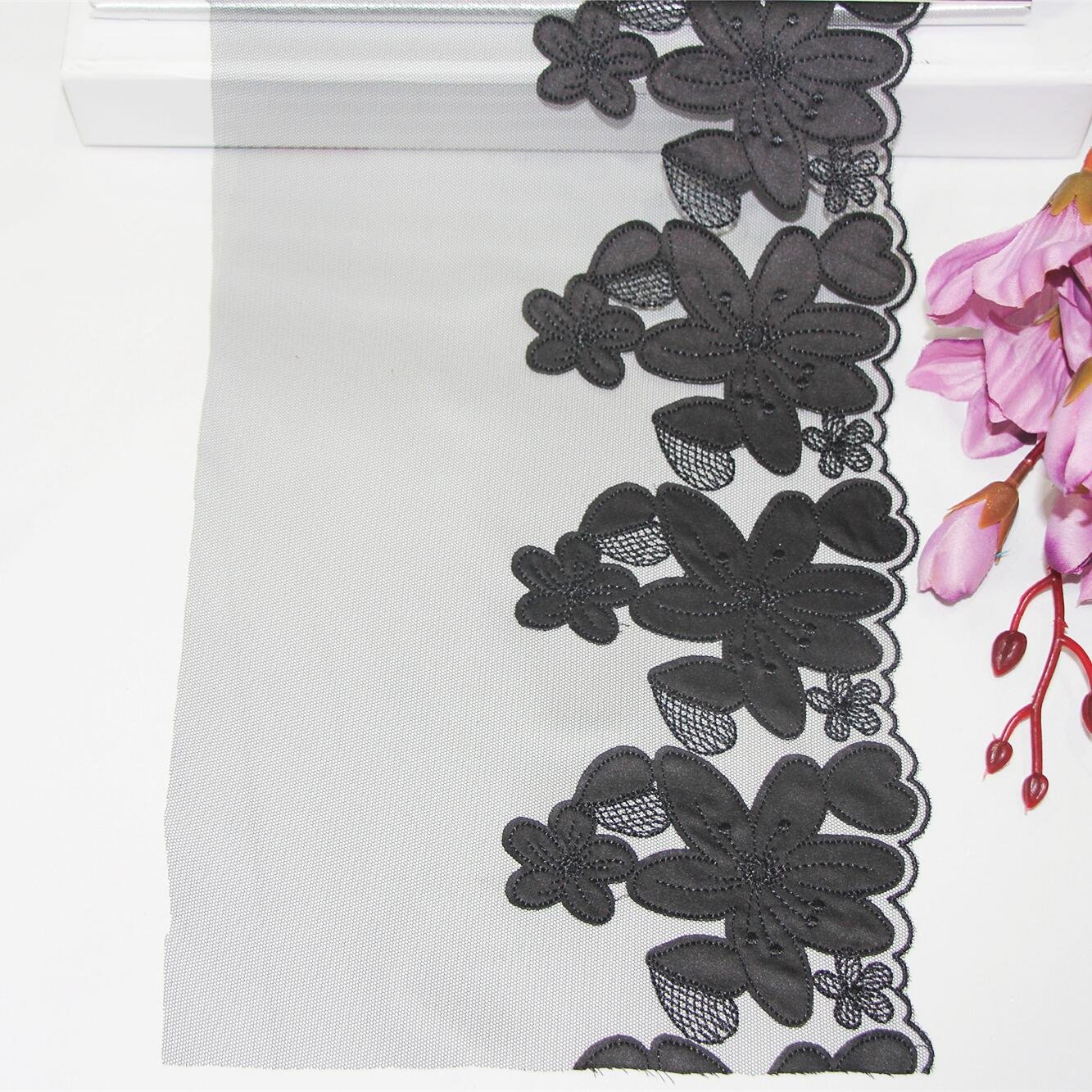 Applique 23CM Pink Tulle Flower Embroidery Lace Trim Polyester Voile Lace Fabric For Women Dress