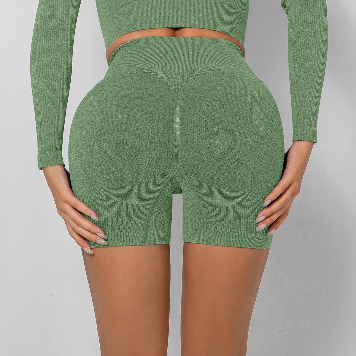 Wholesale women fitness gym solid knit rib seamless biker scrunch butt lifting high waist peach hip yoga shorts