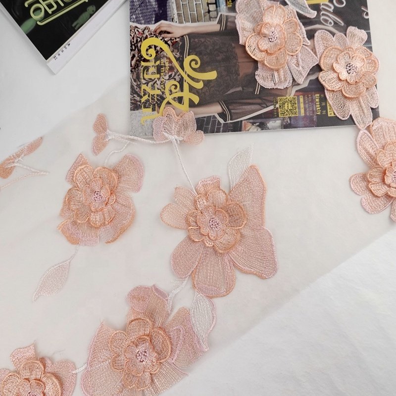 Fancy design 100% polyester knitted 3D flower pink lace mesh embroidery fabric for lady dress