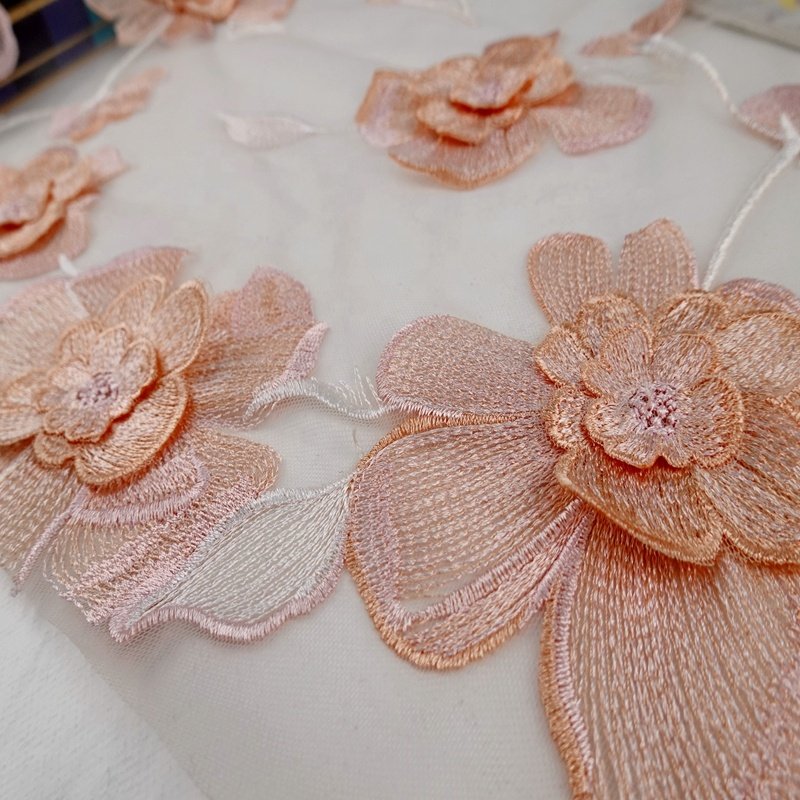 Fancy design 100% polyester knitted 3D flower pink lace mesh embroidery fabric for lady dress