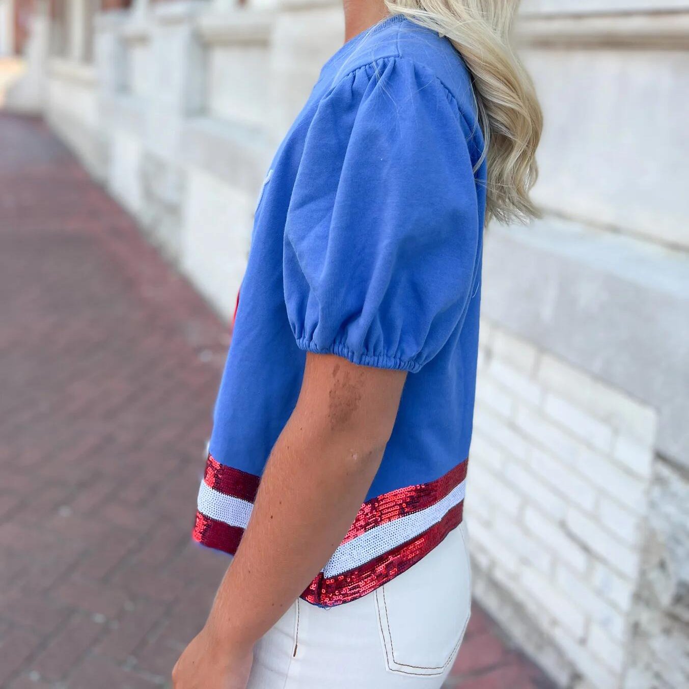 High Quality Breathable Sequins Tops For Lady Ribbed Crew Neck Short Balloon Sleeve Letter Tinsel Embroidery Arc Stripe T Shirts