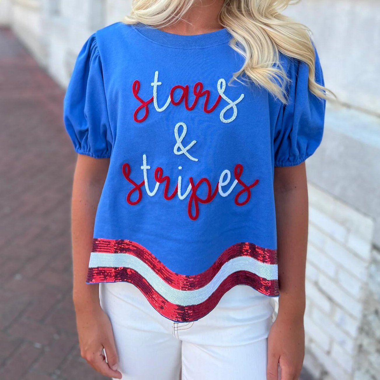 High Quality Breathable Sequins Tops For Lady Ribbed Crew Neck Short Balloon Sleeve Letter Tinsel Embroidery Arc Stripe T Shirts