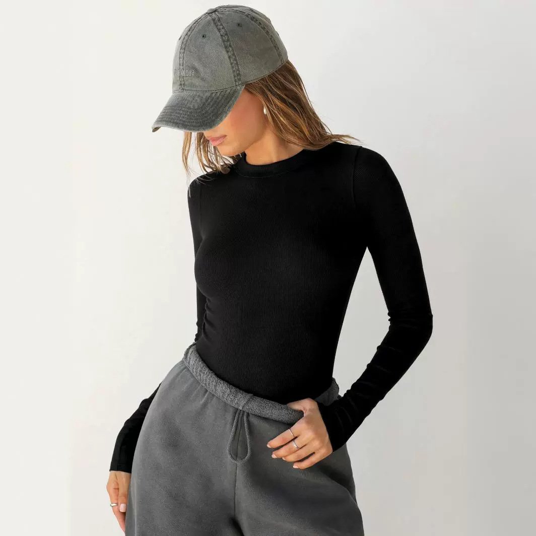 Custom Logo Fashion Women's Long Sleeve Tops Solid Color Casual Slim Skinny Ribbed Crew T-Shirts Bottom Shirt Outer Wear