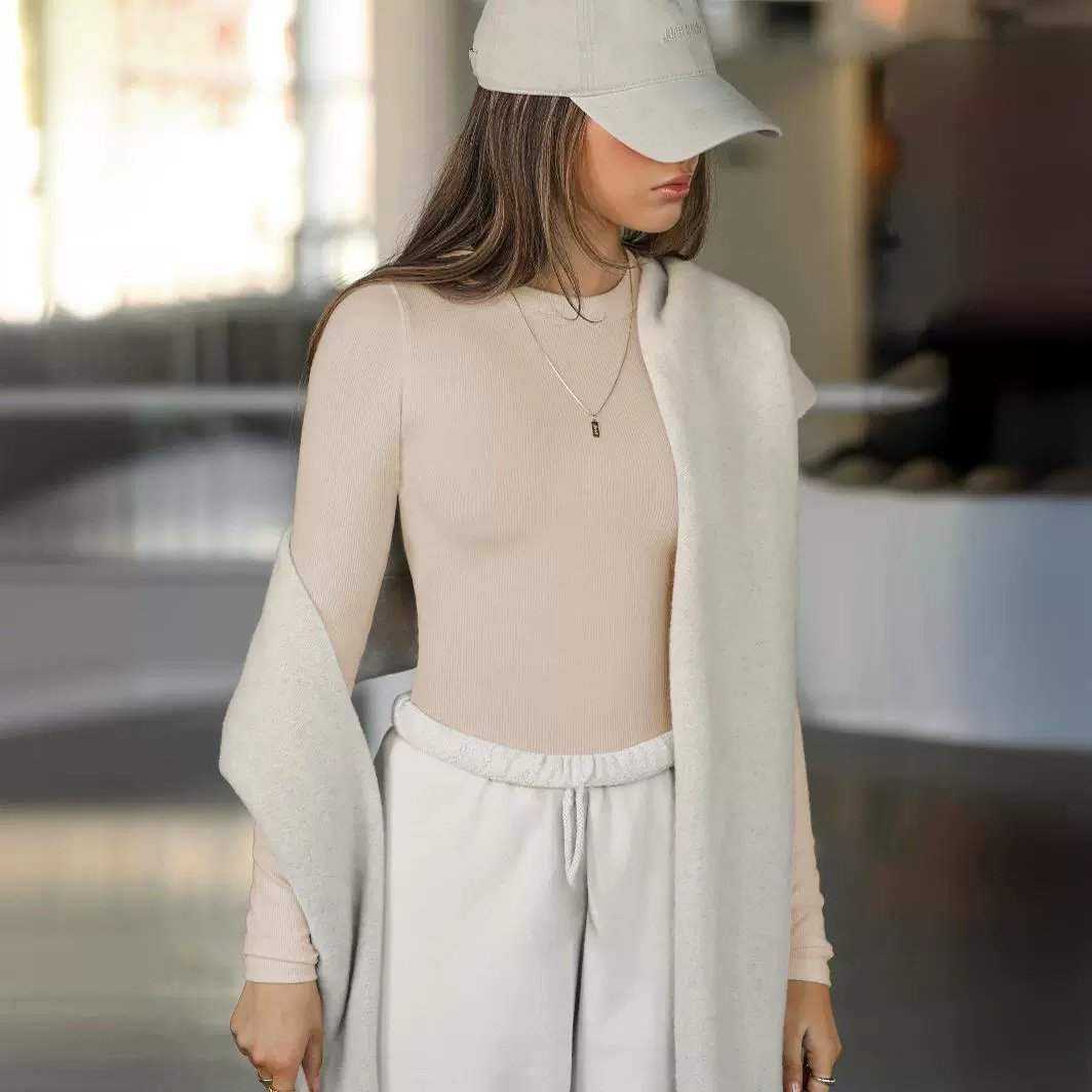 Custom Logo Fashion Women's Long Sleeve Tops Solid Color Casual Slim Skinny Ribbed Crew T-Shirts Bottom Shirt Outer Wear