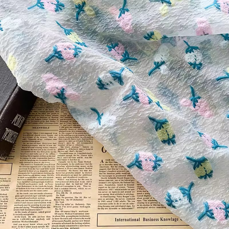 Brand New 210T Yarn-Dyed Crepe Fabric Jacquard Organza Sheer with Flower Embossed for Fashion Clothing
