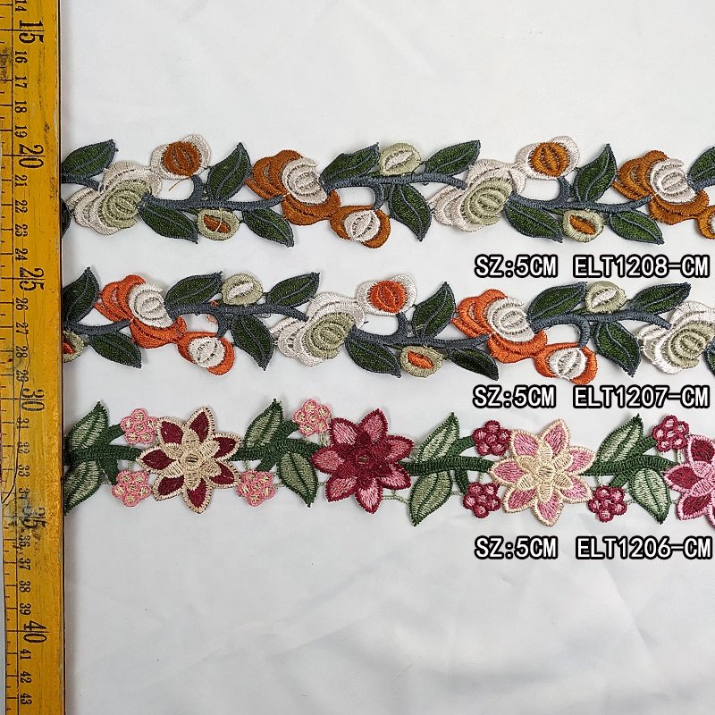 Ribete de encaje single side Colorful flower border embroidery lace trim guipure embroidery elastic lace trim t-mart