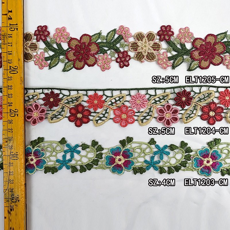 Ribete de encaje single side Colorful flower border embroidery lace trim guipure embroidery elastic lace trim t-mart